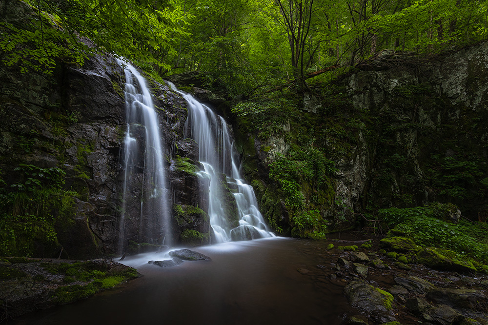 It is somewhat ironic that possibly the most photogenic waterfall in Shenandoah National Park is not accessible by any trail. Rocky steep terrain, fallen trunks, stinging nettle and prickly underbrush for a mile of bushwalking. Nevertheless, the reward is priceless and all to yourself. Having both ankles not twisted and picking up no ticks would be an absolute bonus too.